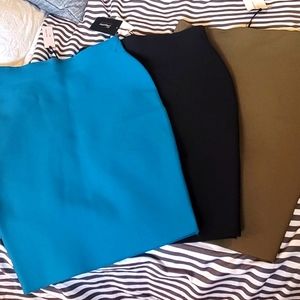 Bundle- 3 bodycon fitted skirts, colors teal, black, olive green size L